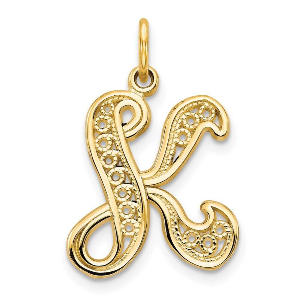 14k Yellow Gold, Maci Collection, LG Filigree Script Initial K Pendant